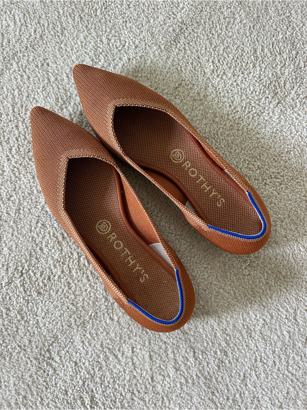 Rothy's Pointed Knit Flats in Rust with Blue Trim - Picture 2 of 3